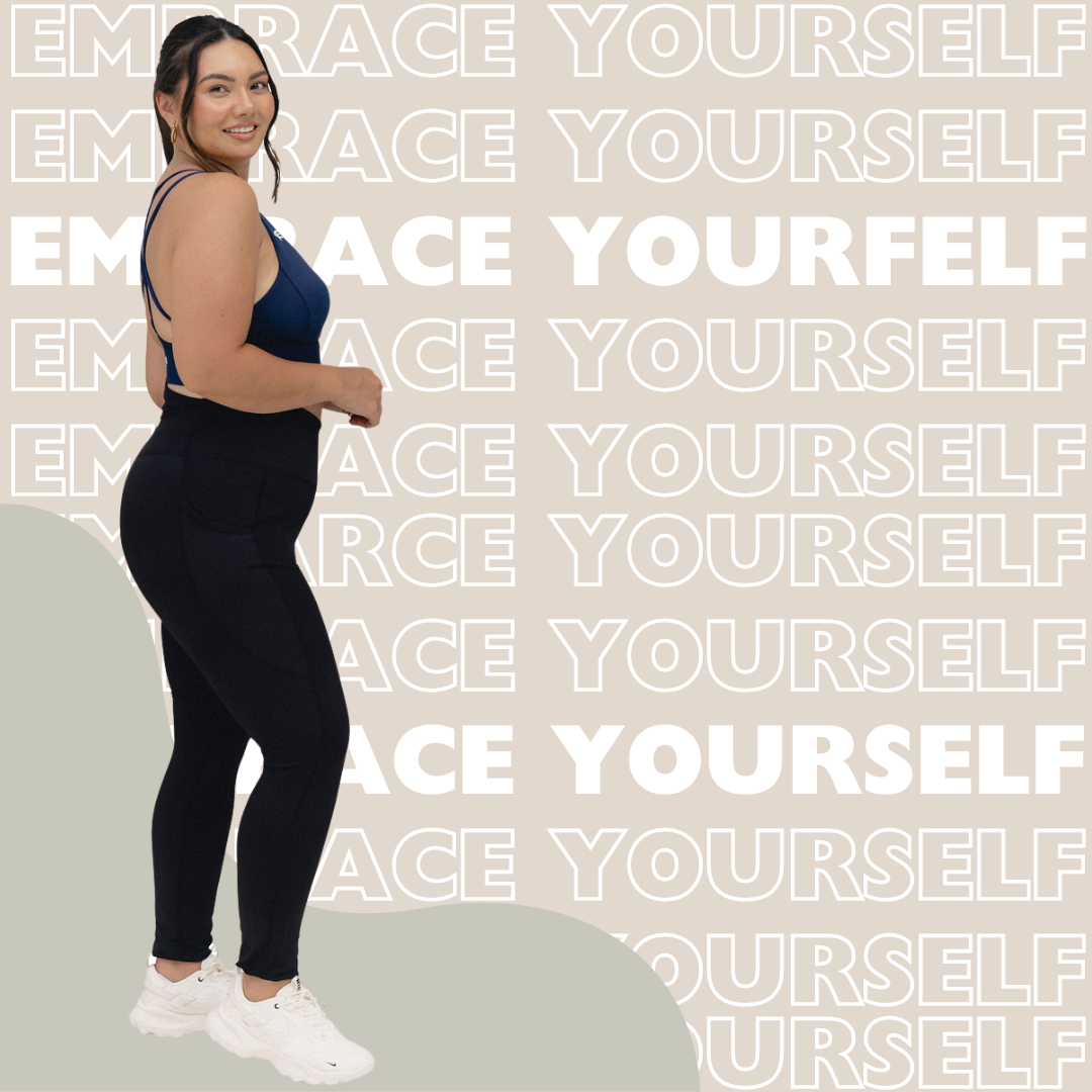 A woman in activewear confidently standing with the words "Embrace Yourself" repeated in the background, promoting self-love and body positivity.